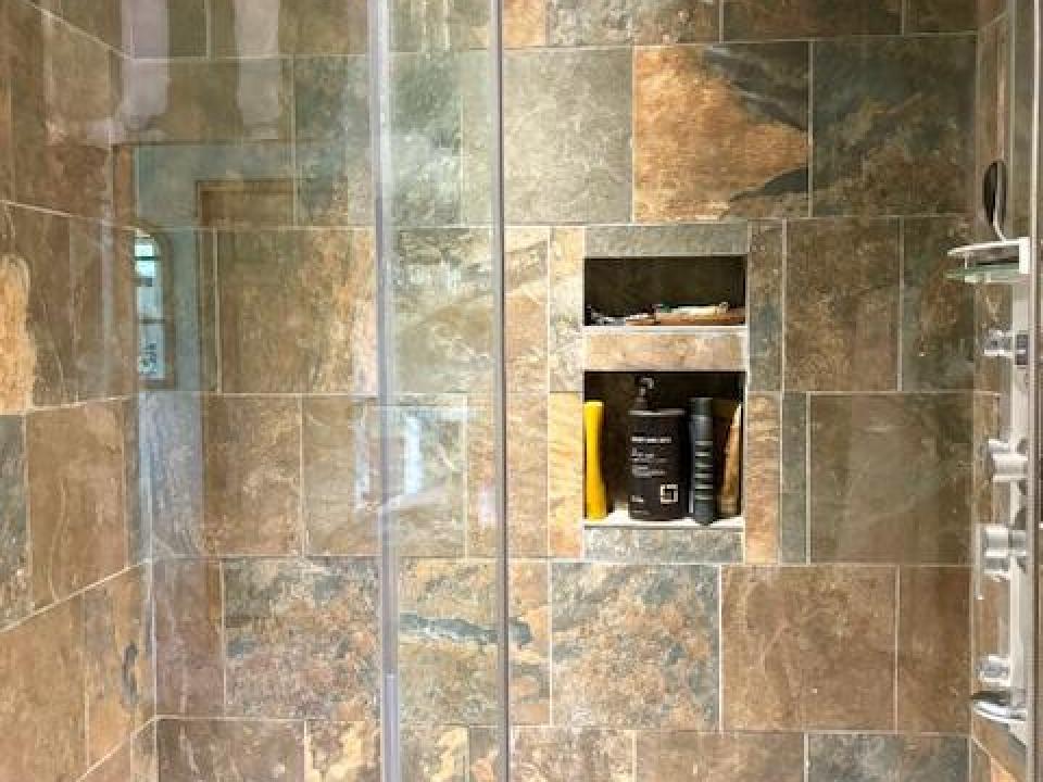 Slate shower in upstairs bathroom