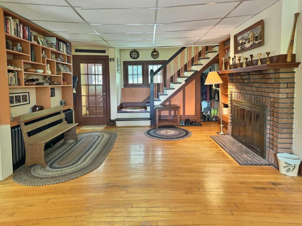 Living room landing and fireplace