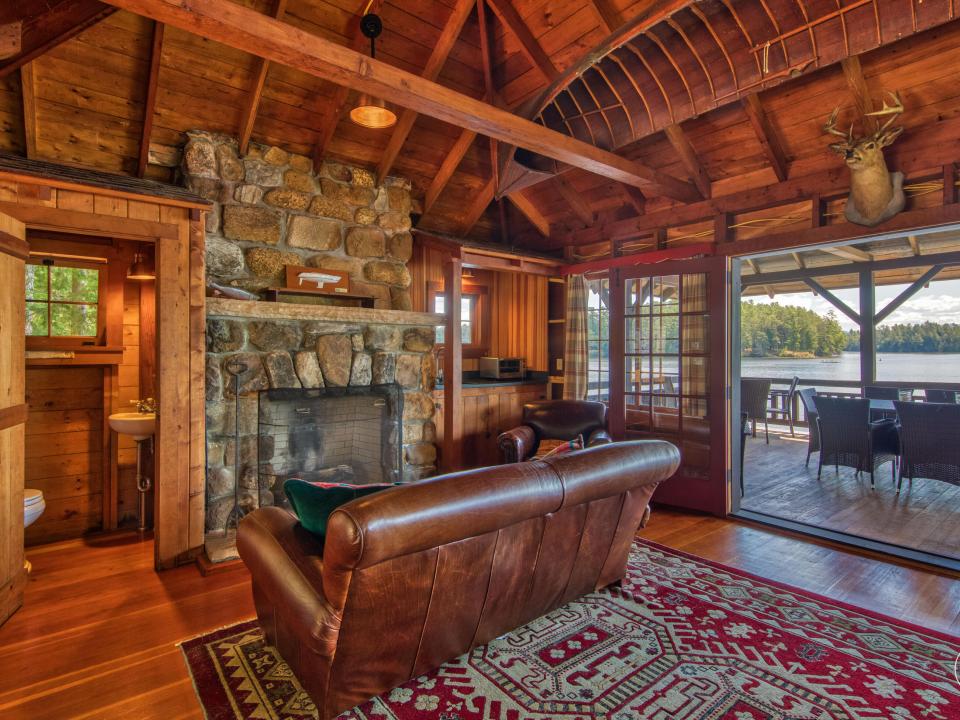 Boathouse with fireplace and bathroom