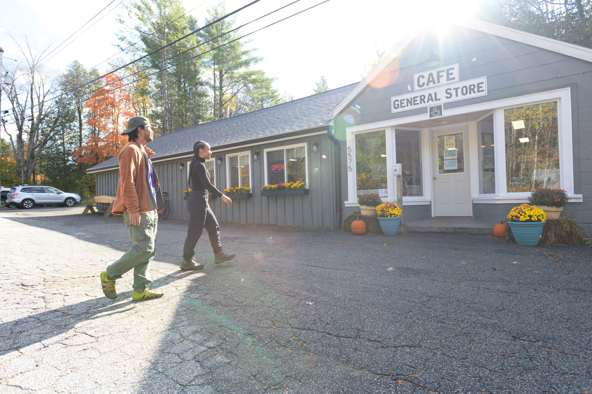 Couple walking into restaurant